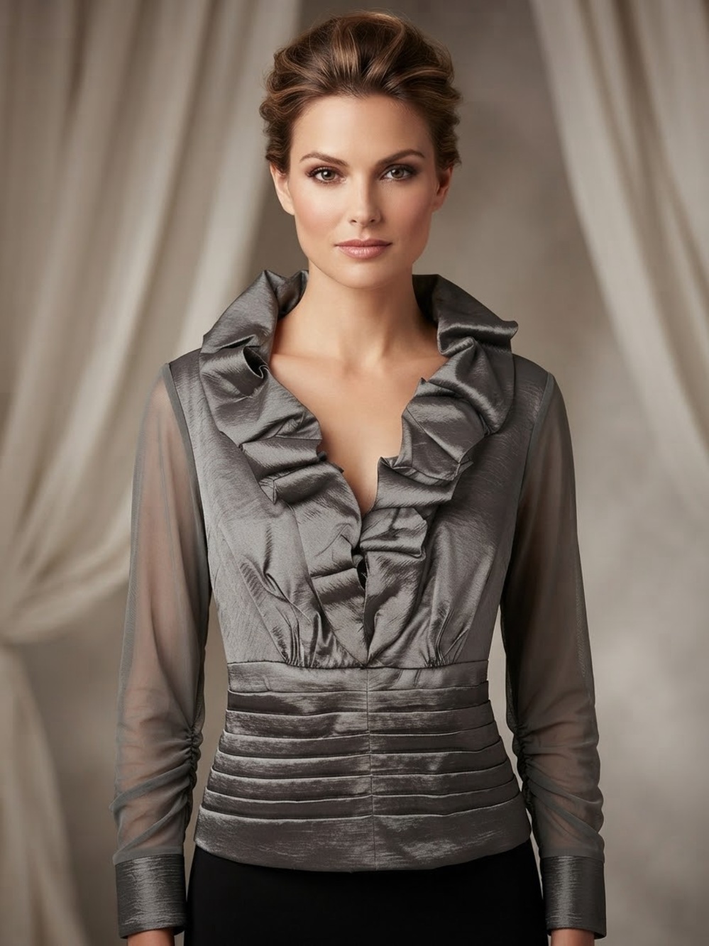 Ruffled Satin V-Neck Long-Sleeve Blouse in Silver